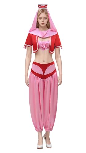 Hczetsac Erwachsene Damen I Dream of Jeannie Cosplay Kostüm mit Genie Magieflasche und Armband für Halloween (Pink, S) von Hczetsac