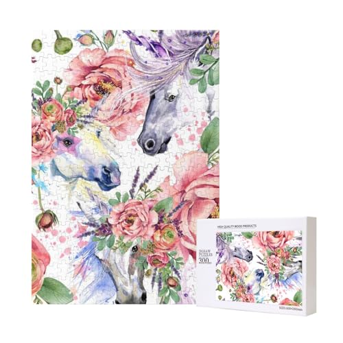 300 Teile Puzzle Holzpuzzle Spielzeug Familienspiel für Erwachsene Jugendliche,Aquarell Pferd Rosen Blumen 300 Teile Puzzle Holzpuzzle Spielzeug Familienspiel für Erwachsene Jugendliche,Aquarell Pferd Rosen Blumen von Hdhfjks