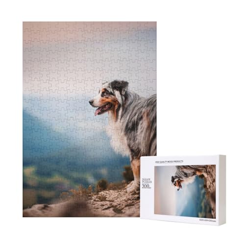 300 Teile Puzzle Holzpuzzle Spielzeug Familienspiel für Erwachsene Jugendliche,Australian Shepherd Berge Aussie Haustiere Hunde von Hdhfjks