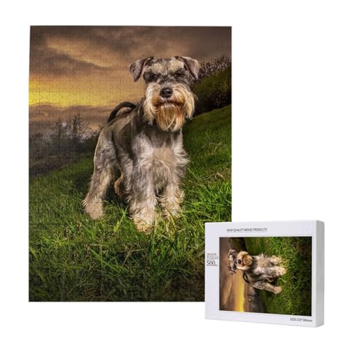 500 Pieces Jigsaw Puzzles Wooden Jigsaw Toy Family Game for Adults Teens,Schnauzer Sonnenuntergang Hunde Haustiere Berge Schnauzer von Hdhfjks