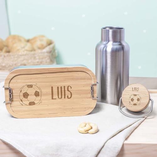 Geschenkset zur Einschulung für Kinder Trinkflasche Isolierflasche Edelstahl mit Bambusdeckel & Brotdose Lunchbox Holzdeckel personalisierte Geschenke Weihnachten, Geburtstag Fußball hellomini von HeLLo mini