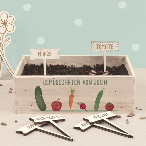 Personalisiertes Saatgut Anzuchtset für Kinder, Mini Gärtner Starter Kit, Garten Holzkiste, Gemüsegarten für Kinder, Kräutergarten, Blumengarten (Gemüsegarten, S (30x20x10cm)) von hellomini