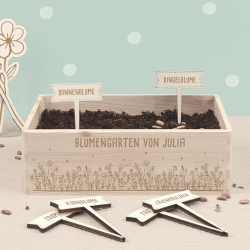 Personalisiertes Saatgut Anzuchtset für Kinder inkl. Samen und Pflanzenstecker mit Wunschgravur, Mini Gärtner Starter Kit, Garten Holzkiste, Gemüsegarten für Kinder (Blumen, S (30x20x11cm)) von hellomini