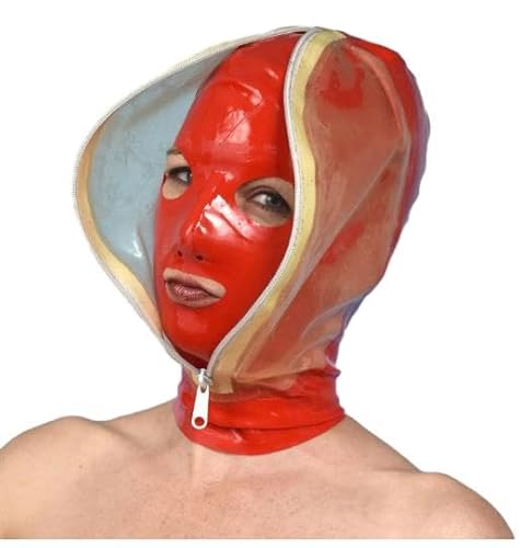 HeYie Doppelte Bondage Maske Für Gesicht Mit Reißverschluss SM Sex Fetisch Latexmaske Cosplay Halloween Maske Latex Body Kopfbedeckung Maske Kopfmaske BDSM Doppelte Bondage Maske (Color : Rot, Size von HeYie