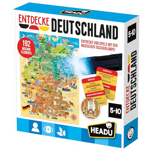 Headu „Entdecke Deutschland - Entdecke Deutschland und spiele mit der magischen Taschenlampe!“: Lernspiel für Kinder im Alter von 5 bis 10 Jahren, inklusive UV-Taschenlampe, deutsche Version (DE60759) von Headu