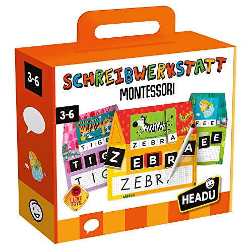 „Schreibwerkstatt Montessori – Ich lese und Schreibe auf DREI Verschiedene Weisen!“: Lernspiel für Kinder im Alter von 3 bis 6 Jahren, deutsche Version (DE52484), Orange von Headu