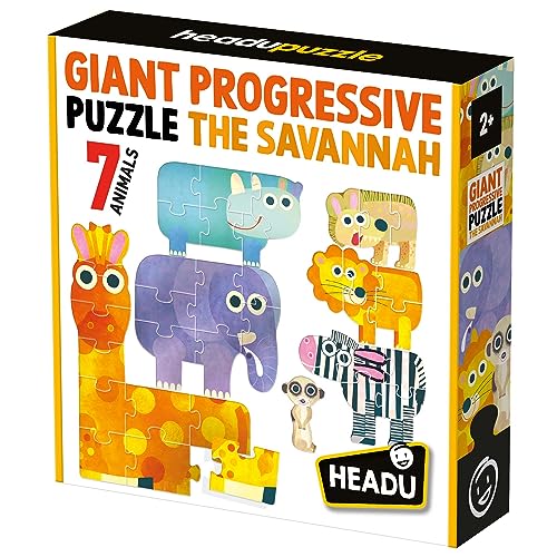 Headu Giant Progressive Puzzle The Savannah 7 Puzzle mit großen Teilen Mu55362 Lernpuzzle für Kinder ab 2 Jahren, hergestellt in Italien von Headu