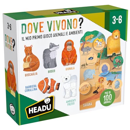 Headu Wo Tiere Mein erstes Spiel Tiere und Umgebungen Leben, It57427, umweltfreundliches Lernspiel für Kinder 3-6 Jahre, Made in Italy von Headu