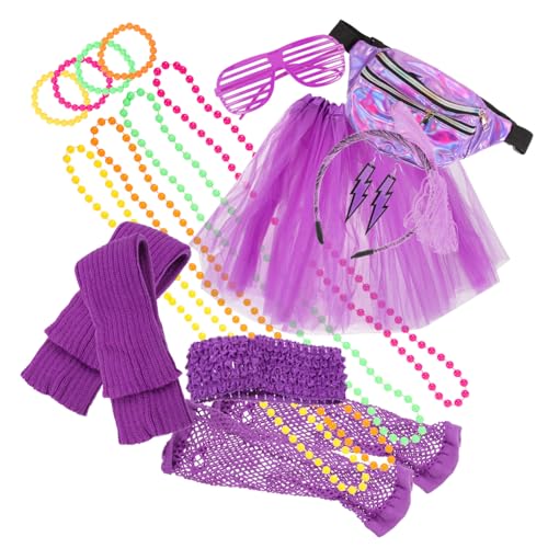 Healeved 1 Satz Jahre Damen Kostümset mit Retro Accessoires Neon Party Outfit mit Kette Armband Handschuhen für Jahre Disco Events Feiern von Healeved