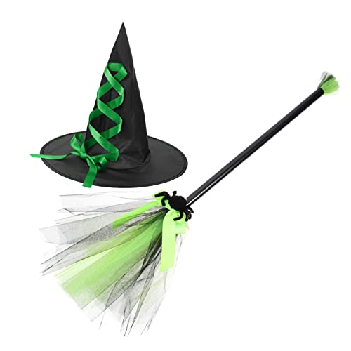 Healeved 1 Satz Witch Hat Set für Halloween Grüner Hexenhut mit Besen für Kostümparty und Maskerade Zubehör für Halloween Feiern und Festliche Anlässe von Healeved