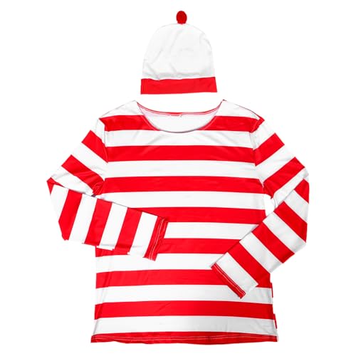 Healeved 1 Set Halloween-Kostüm-Sets, rot-weiß gestreiftes T-Shirt mit Beanie-Mütze, Anzüge, lustiges Sweatshirt für Erwachsene, Männer und Frauen, Halloween, Cosplay, L von Healeved