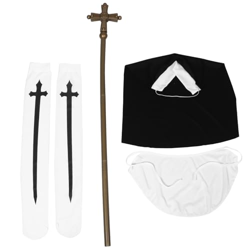 Healeved 1 Set Nonnenkostüm: Halloween-Nonnen-Cosplay-Kostümset für Frauen – Damenkragen, Hut, Strümpfe, Kreuz, Zauberstab, Requisite für gruselige Halloween-Partydekorationen von Healeved