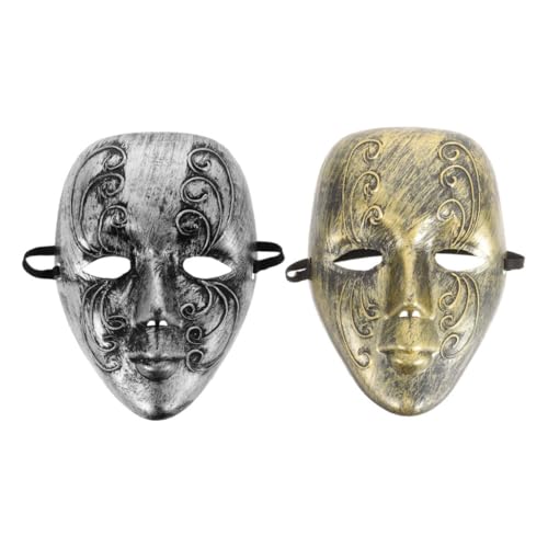 Healeved 2 Stück Venezianische Vollgesichtsmaske Vintage Design aus Weichem Kunststoff für Halloween Maskenball Kostümparty Damen Herren Silber Gold Masquerade Accessoire von Healeved