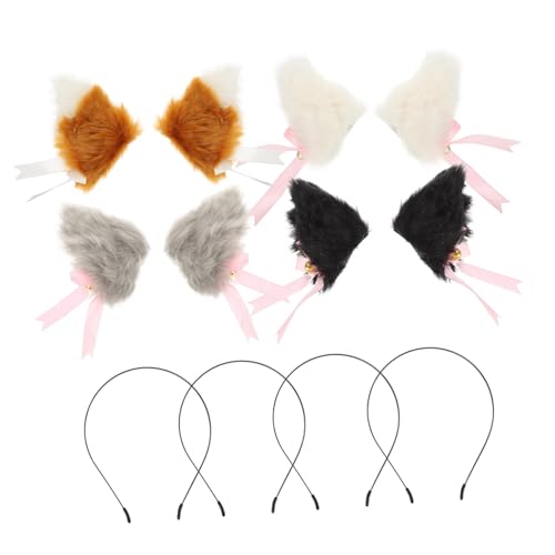 Healeved 4 Paare Plüsch Katzenohren Haarklammern mit Schleife Niedlicher Haarschmuck für Mädchen Leichtes Tragbares Cosplay Zubehör mit Metallglöckchen Farbenfrohes für Festival und Alltag von Healeved