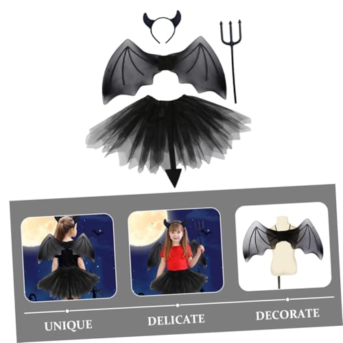 Healeved 4 Sätze Teufel Kostüm Teilig für Schwarzes Devil Party Cosplay Zubehör mit Hörner Haarreif und Flügeln Leichtes Material für Halloween und Karneval von Healeved