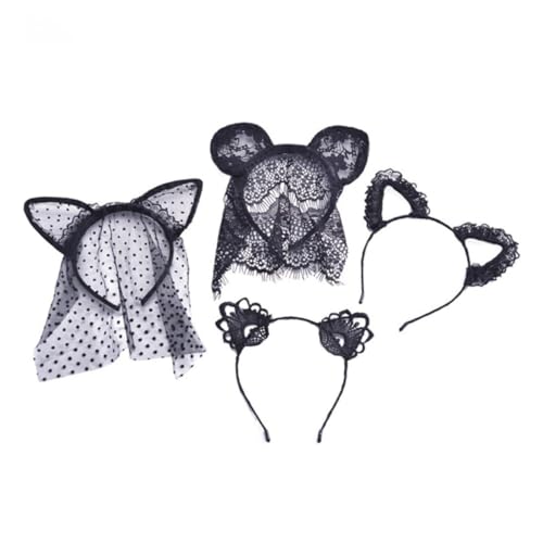 Healeved 4 Stück Teiliges Katzenohren Haarband mit Schwarzem Vorhang Accessoires für Partys Cosplay Hochzeiten und Feste von Healeved