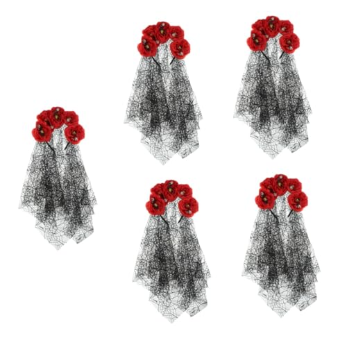 Healeved 5 Stück Gothic Haarreif mit Künstlichen Blumen und Leichtes Halloween Stirnband mit Schleier Day Of The Dead Kopfschmuck für Damen und Bequem für Kostüm und Partyaccessoire von Healeved