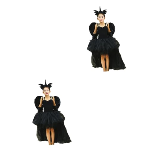 Healeved 6 Stck. Kleid + Kopfschmuck + Flügel Kinderkostüme Cosplay Halloween-Kostüme für Frauen Halloweenkostüm brautkleider Halloween -Kostüm Performance-Kleidung Schwarz von Healeved