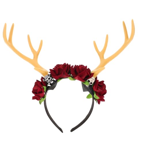 Healeved Antler Haarreif mit Blumen Dekoratives Party Haarband für Damen Halloween Kostüm Haaraccessoire Leichtes Langlebiges Stirnband für Karneval und Festlichkeiten Weinrot von Healeved