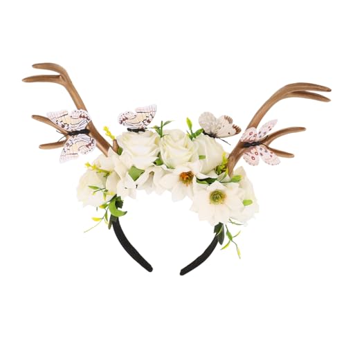 Healeved Extravaganter Rentier-geweih-haarreif mit Schmetterlingsblumen Leichter Bequemer Kopfschmuck für Weihnachten Halloween und Festliche Kostümpartys von Healeved