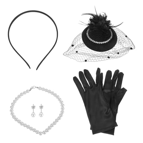 Healeved Fascinator Set für Damen Perlen Schmuckset mit Hut Handschuhen und Ohrringen für Tee Partys und Besondere Anlässe Retro Design für Stilvolle Auftritte von Healeved