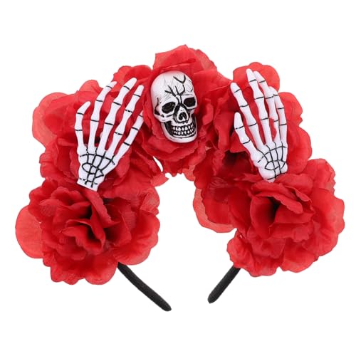 Healeved Halloween Haarreif Damen mit Realistischen Schädel und Knochenmotiven Rote Rosenblumen Leichtes Kostümzubehör für Party und Rollenspiel Komfortabel und Langlebig von Healeved
