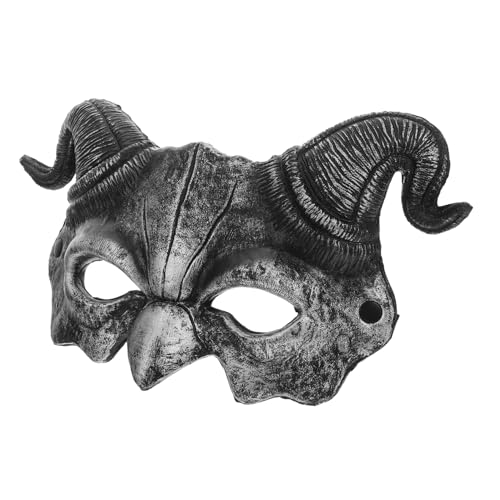Healeved Halloween Halbgesichts Maske mit Ziegen und Widderhörnern Langlebiges PU Material Elastisches Band für Bequemen Sitz Realistische Teufel und Dämonenoptik Silbernes Design für von Healeved