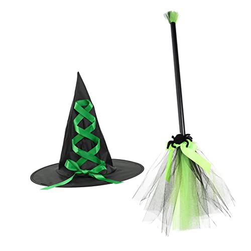 Healeved Halloween Hexenhut Set mit Besen Einzigartiges Kostümzubehör für Karneval und Maskerade Grün von Healeved