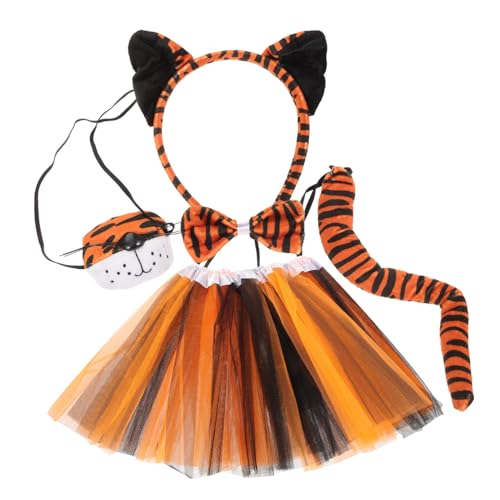 Healeved Halloween Tiger Cosplay Teilig mit Weichem Tiger Haarreif Fliege Nase und Orange Schwarzem Tüllrock Einzigartiges Tierkostüm für Party Bühnenauftritt und Verkleidung von Healeved