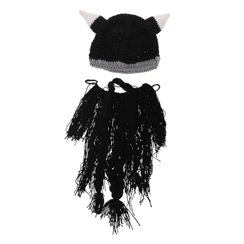 Healeved Handgestrickte Wikinger Mütze mit Realistischer Bartperücke und Hörnern Witzige Cosplay Mütze für Herren Mittelalterliches Viking Kostüm für Party und Festival von Healeved
