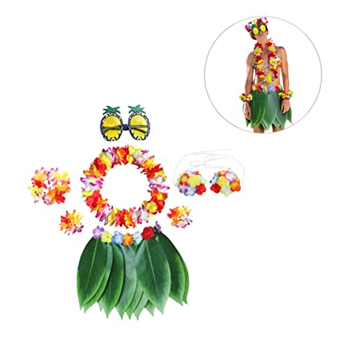 Healeved Hawaiian Kostüm Teilig Blätterrock aus Stoff Realistisch Tropical Luau Party Erwachsene mit Armbändern Haarband Ananas Sonnenbrille Plastik Beach Festival Accessoires von Healeved