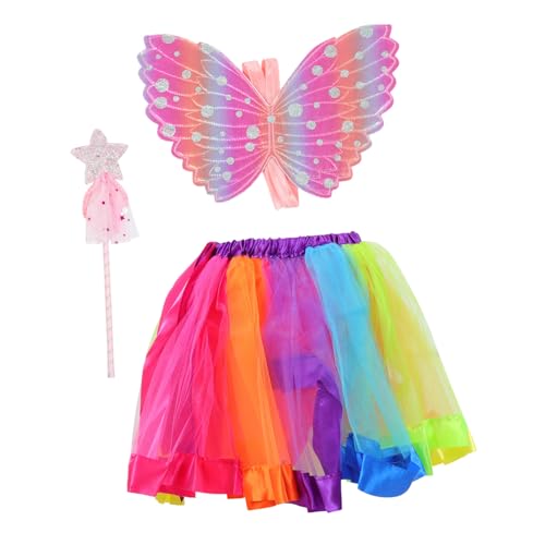 Healeved Kinderkostüm Set mit Teiligem Flügel Tüllrock und Zauberstab Rosa Farbverlauf Geeignet für Karneval Rollenspiel Party und Bühnenauftritte Leichtes Cosplay Zubehör für Mädchen von Healeved