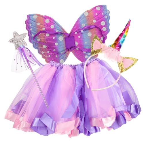 Healeved Mädchen Karnevalskostüm Teiliges mit Buntem Tüllrock Farbigen Feenflügeln Einhorn Haarreif und Zauberstab für Cosplay Party Bühnenauftritt von Healeved