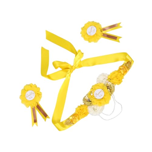 Healeved Maternity Flower Sash Set aus Leichtem Polyester für Shower und Schwangerschaftsfotos Inklusive Mom-to-be Schärpe und Daddy-to-be Anstecker Gelb Komfortabel und Vielseitig für von Healeved