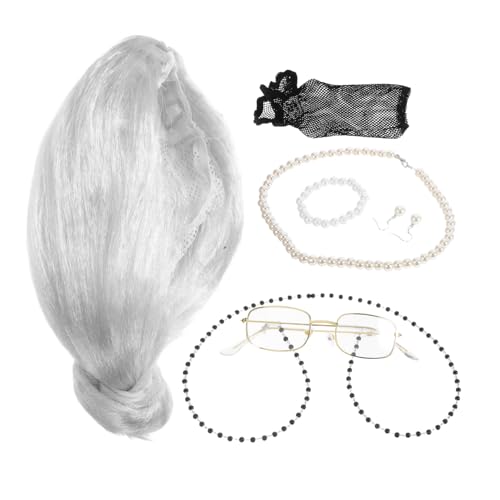 Healeved Old Lady Kostümset mit Grauer Perücke Halskette und Mütze Realistische Senioren Verkleidung für Halloween Cosplay Theater Geeignet für Damen und Familienfreundliche von Healeved