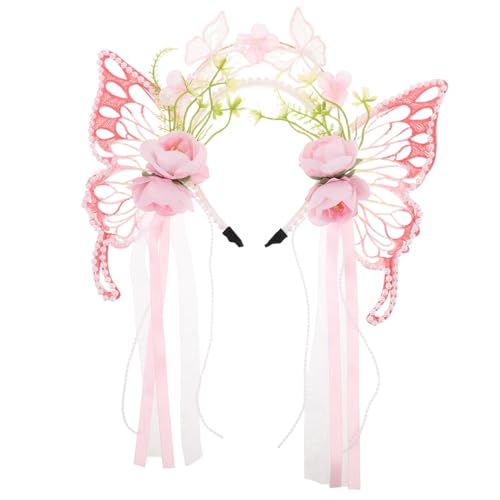 Healeved Schmetterling Haarreif mit Blumen und Band Hautfreundliches Elastisches Cosplay Accessoire für Mädchen Prinzessin Kostüm Stirnband Pinkes Feen Design für Rollenspiele und von Healeved