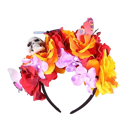 Healeved Skull Haarreif mit Bunten Blumen Halloween Kostüm Accessoire für Cosplay Partys und Karneval Gruseliges Skelett Haarband für Erwachsene von Healeved