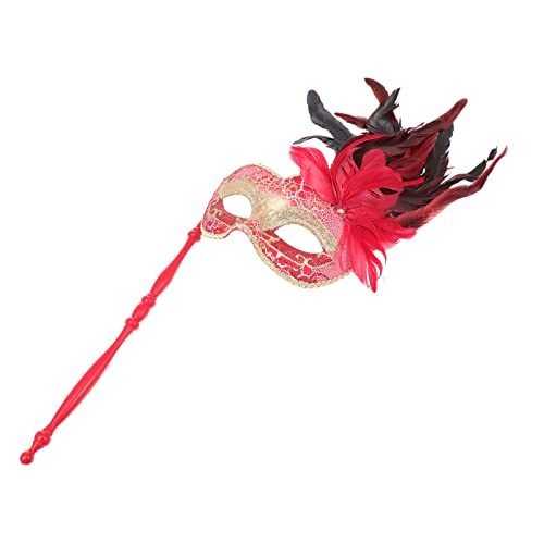 Healeved Stilvolle Frauen Maske mit für Karneval und Maskerade Handgehaltene Dekorationsmaske für Halloween und Cosplay Rote Hühnerfedern von Healeved