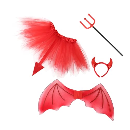 Healeved Teufel Kostüm mit Tüllrock Teufel Haarreif und Flügeln Leichtes Cosplay Zubehör für Halloween Karneval Party Passend für Höhe von Healeved