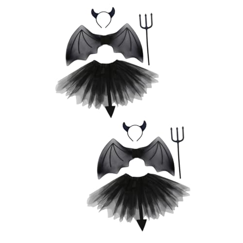 Healvian 2 Sätze Teufel Kostüm mit Hörnern und Schwarzen Flügeln Teiliges Halloween Cosplay Zubehör für Jungen und Mädchen Geeignet für Körpergröße für Party und Rollenspiele von Healvian