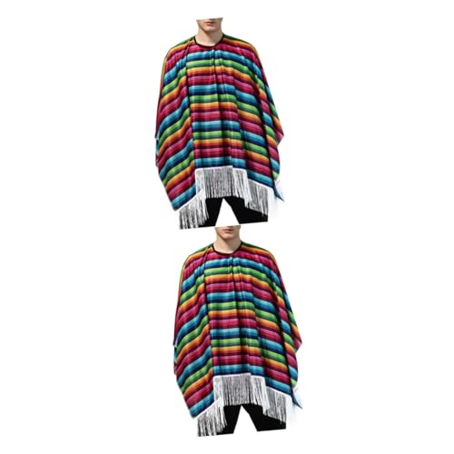 Healvian 2 Stück Herren Halloween Mexikanischer Poncho mit Fransen Buntes Überwurf Kostüm für Karneval Mottoparty und Fasching Großes Design mit Umhangöffnung Stilvoller Mexiko Umhang von Healvian