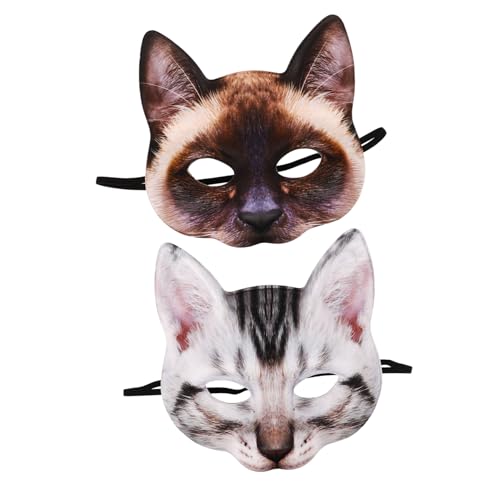 Healvian 2 Stück Katzenmasken Cosplay Masken Tiermasken Masquerade Party Maske Elastisch Realistische Katzenform Sicher für Karneval und Halloween von Healvian