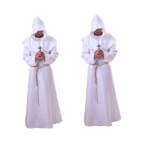 Healvian 2 Stück Mittelalterliche Mönchsrobe mit Kapuze Weiß XL Halloween Kostüm Umhang Cosplay für Zauberer und Karneval Bühnenauftritt von Healvian