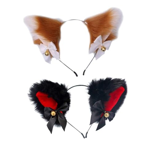 Healvian 2 Stück Plüsch Katzenohren Stirnband mit Schleife und Glöckchen Kuscheliger Haarschmuck für Mädchen und Damen Geeignet für Party Cosplay und Besondere Anlässe von Healvian