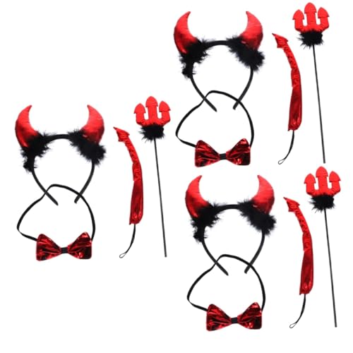 Healvian 3 Sätze Devil Cosplay Set Teilig mit Teufelshörner Stirnband Fliege und Fischgabel Leichtes Halloween Kostüm Zubehör für Party Dress Up und Teufel Mottopartys von Healvian