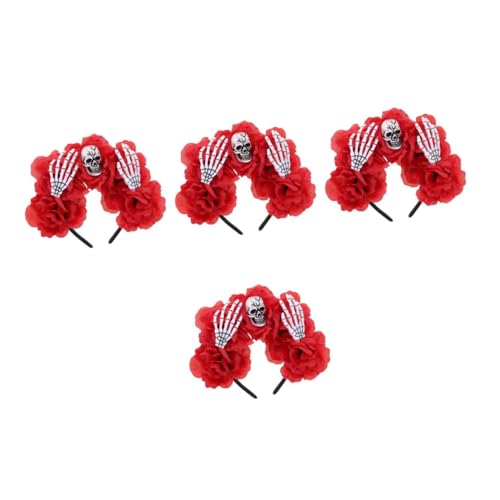 Healvian 4 Stück Halloween Stirnband mit Roter Schädel und Skelett Hand Klauen Design Blumenschmuck Haarreif Vielseitiges Horror Accessoire für Kostümpartys und Festliche Anlässe von Healvian