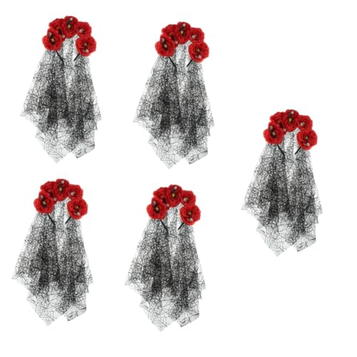 Healvian 5 Stück Gothic Veil Headband mit Roten Künstlichen Blumen und Leichter Halloween Kopfschmuck für Frauen Verstellbar Komfortabel für Party und Kostüm Mexikanisches Day Of The Dead von Healvian
