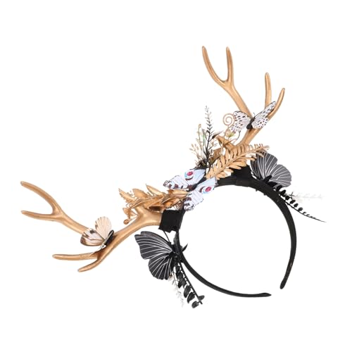Healvian Extravaganter Hirschgeweih Haarreif mit Blumen und Schmetterlingen Leichtes Elch-geweih Stirnband für Damen und Mädchen Festliches Party-accessoire für Weihnachten Halloween und von Healvian