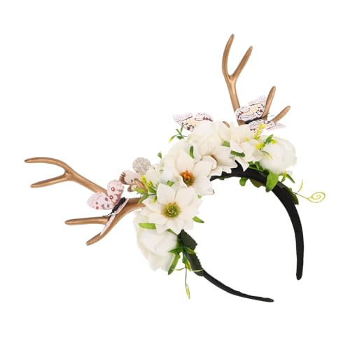 Healvian Extravaganter Hirschgeweih-haarreif mit Blumen und Schmetterlingen Kleines Rentier-geweih-haarband Festlicher Kopfschmuck für Weihnachten Halloween und Cosplay-events von Healvian