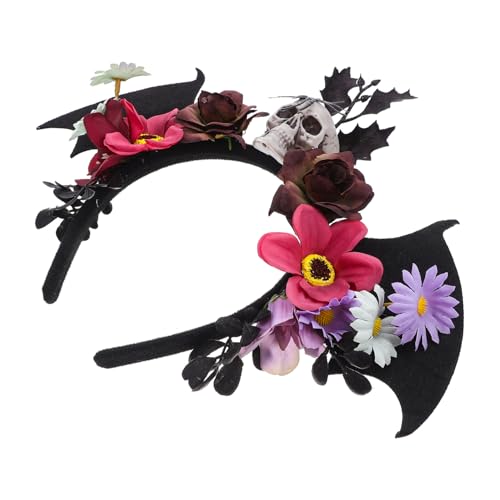 Healvian Halloween Haarreif mit Fledermausohren und Totenkopf Mexikanisches Blumenmotiv Gruseliges Stirnband für Karneval Masquerade Day Of The Dead und Halloween Kostüm von Healvian